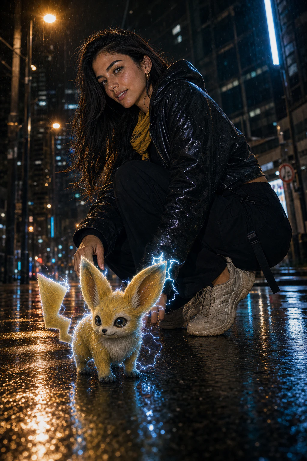 Daniela en una ciudad nocturna junto a una criatura eléctrica de fantasía