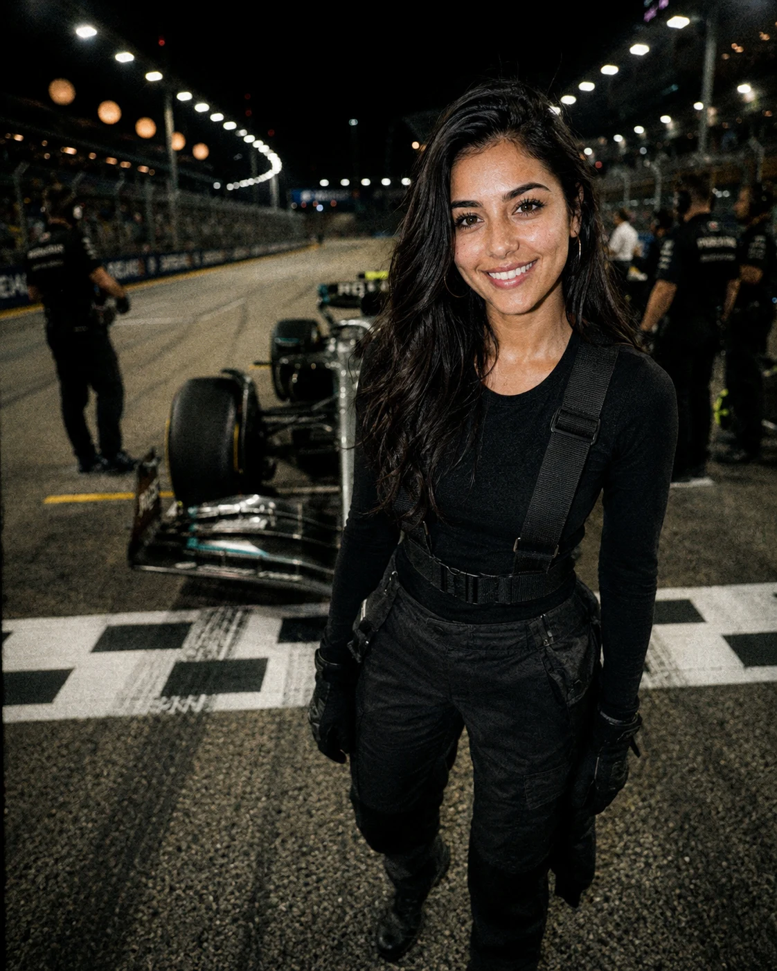 Daniela en un circuito nocturno de automovilismo delante de un monoplaza