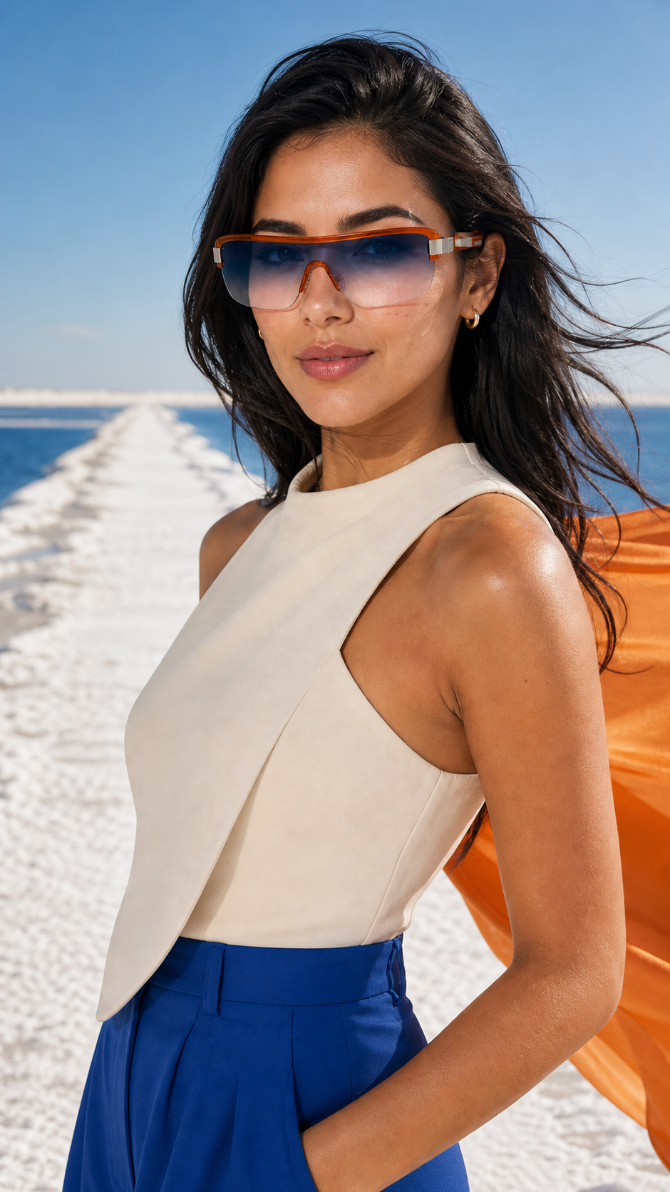 Daniela con las gafas MAREA 17 en una salina mediterránea