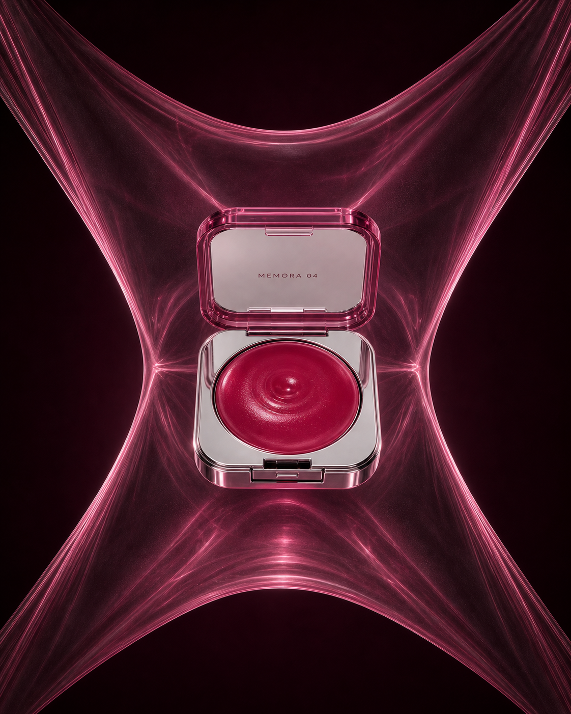 Compacto MEMORA 04 suspendido dentro de una membrana de gel fucsia.